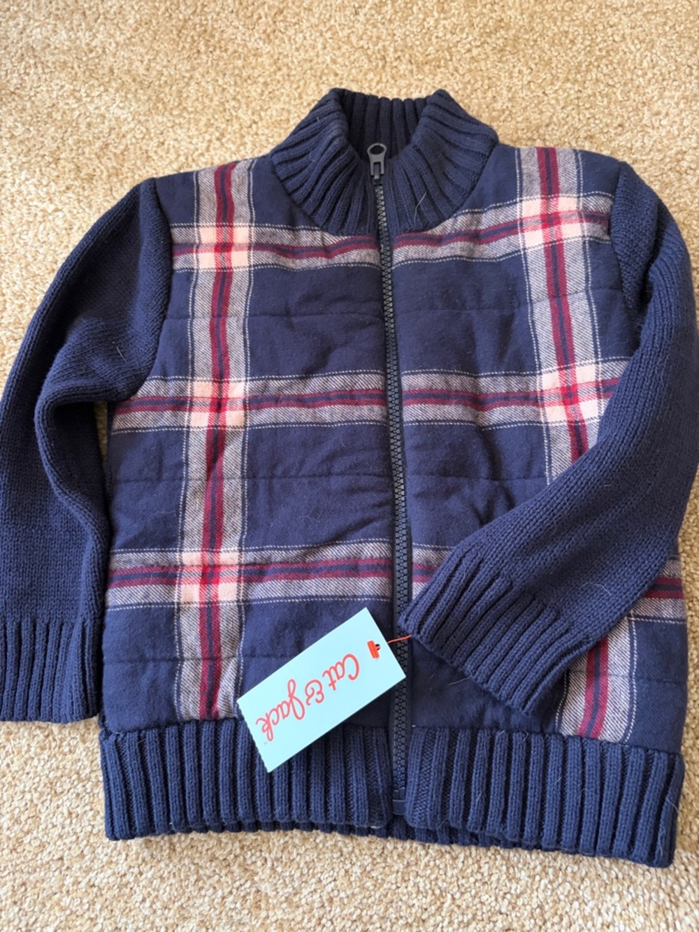 Cat & Jack Navy Plaid Quilted/Sherpa lined Zip Sweater